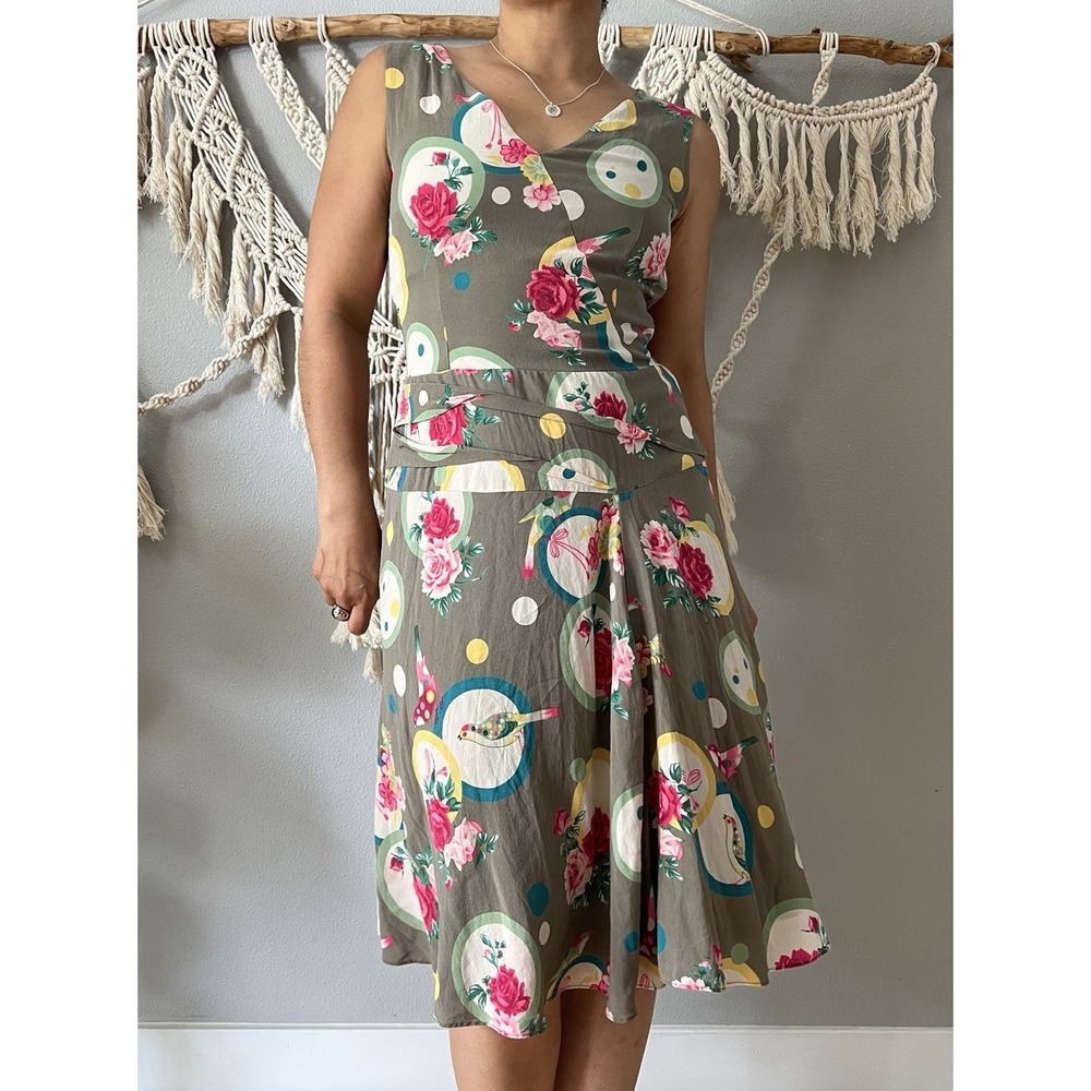 Cacharel Vintage drop waist Silk rose bird Print Cottage Farmhouse Dress Small
